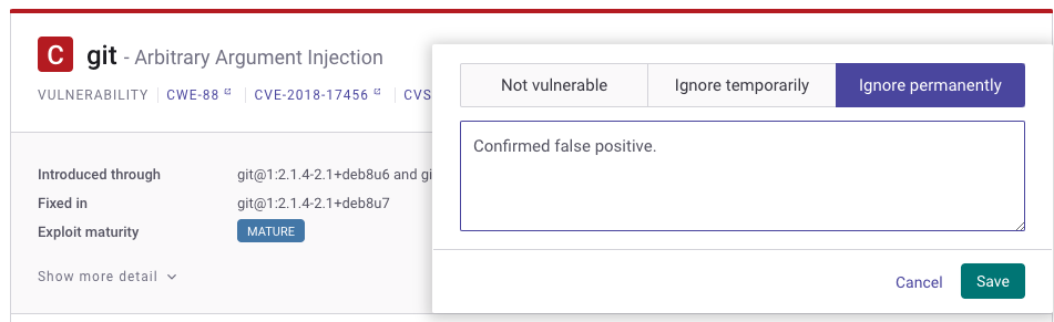 Ignore a vulnerability if it is a false positive