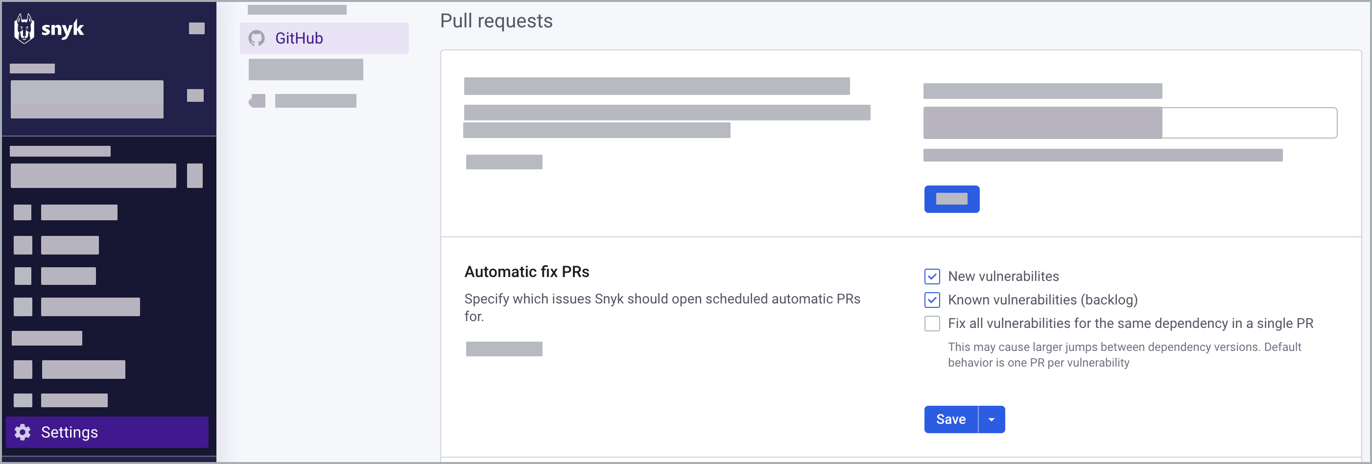 Automatic fix PRs settings for Git integration.