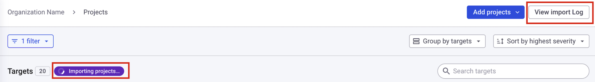 Import Projects progress and option to view import log