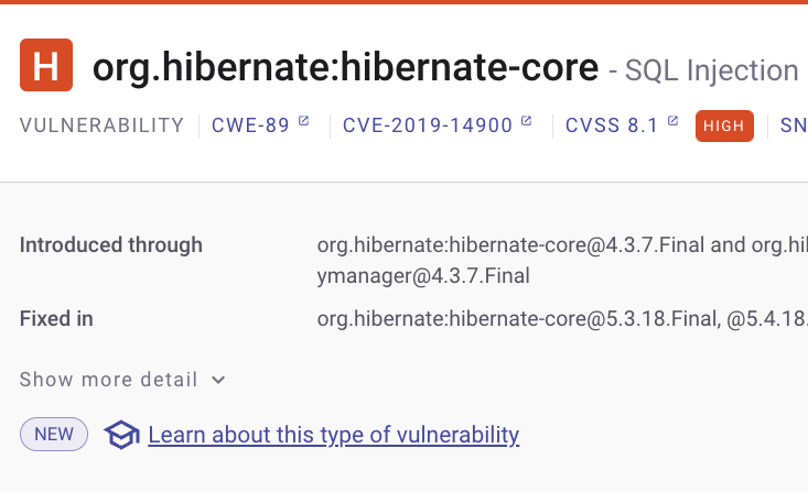 Access Snyk Learn from a vulnerability card