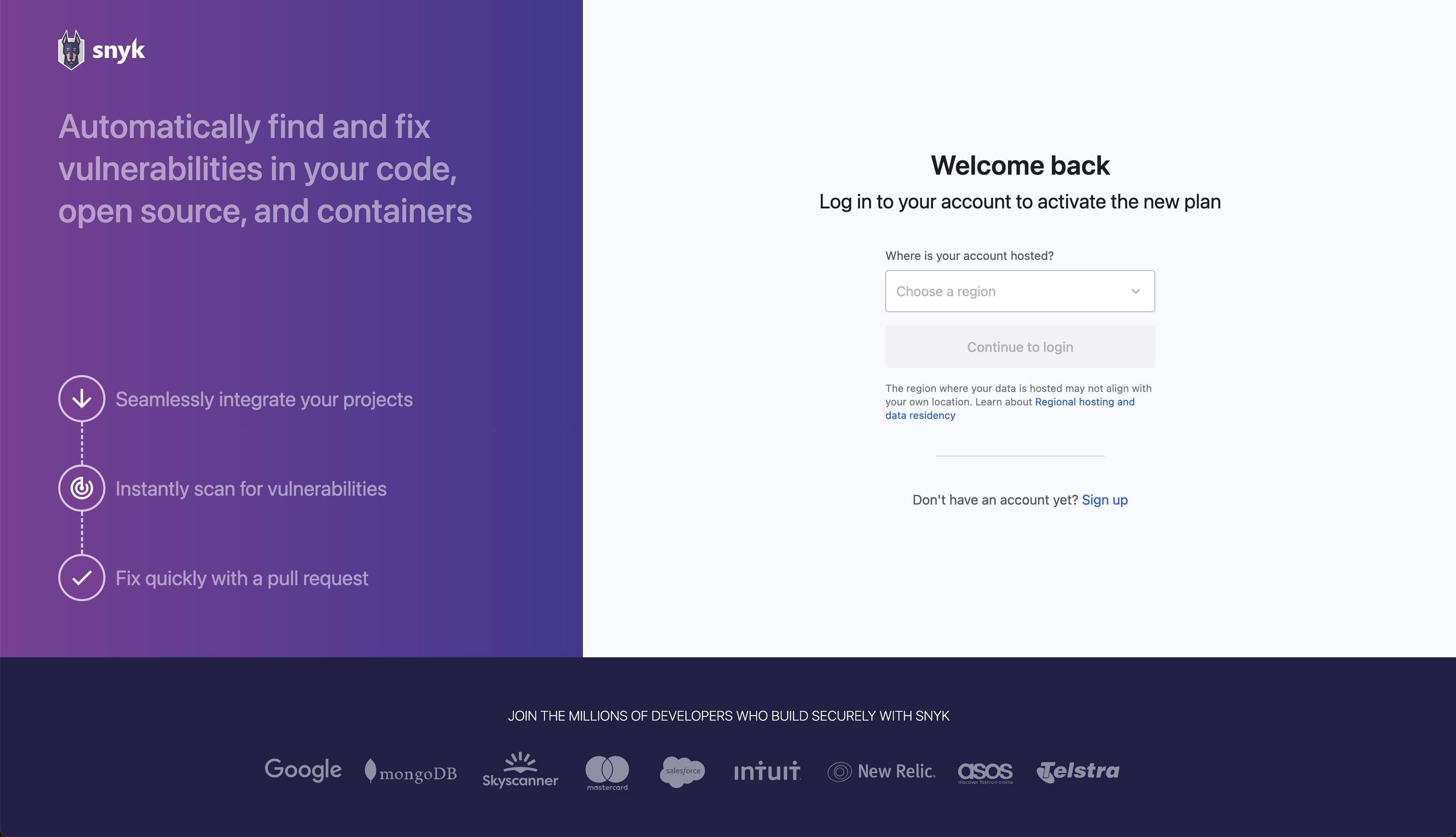 Log in page on provision.snyk.io