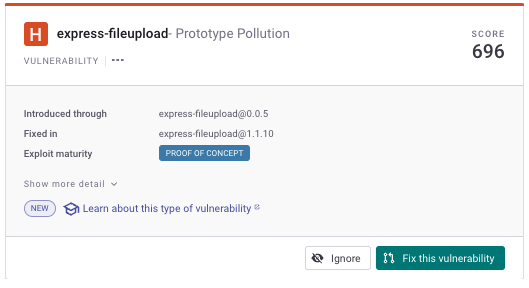 Click "Fix this vulnerability" to create a PR