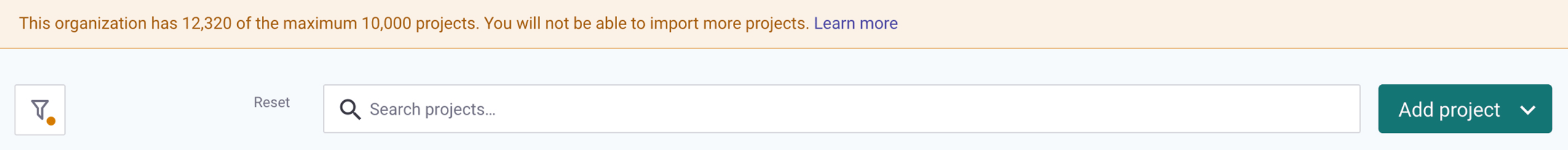 .Banner at top of Projects listing showing how many Projects you have over the limit