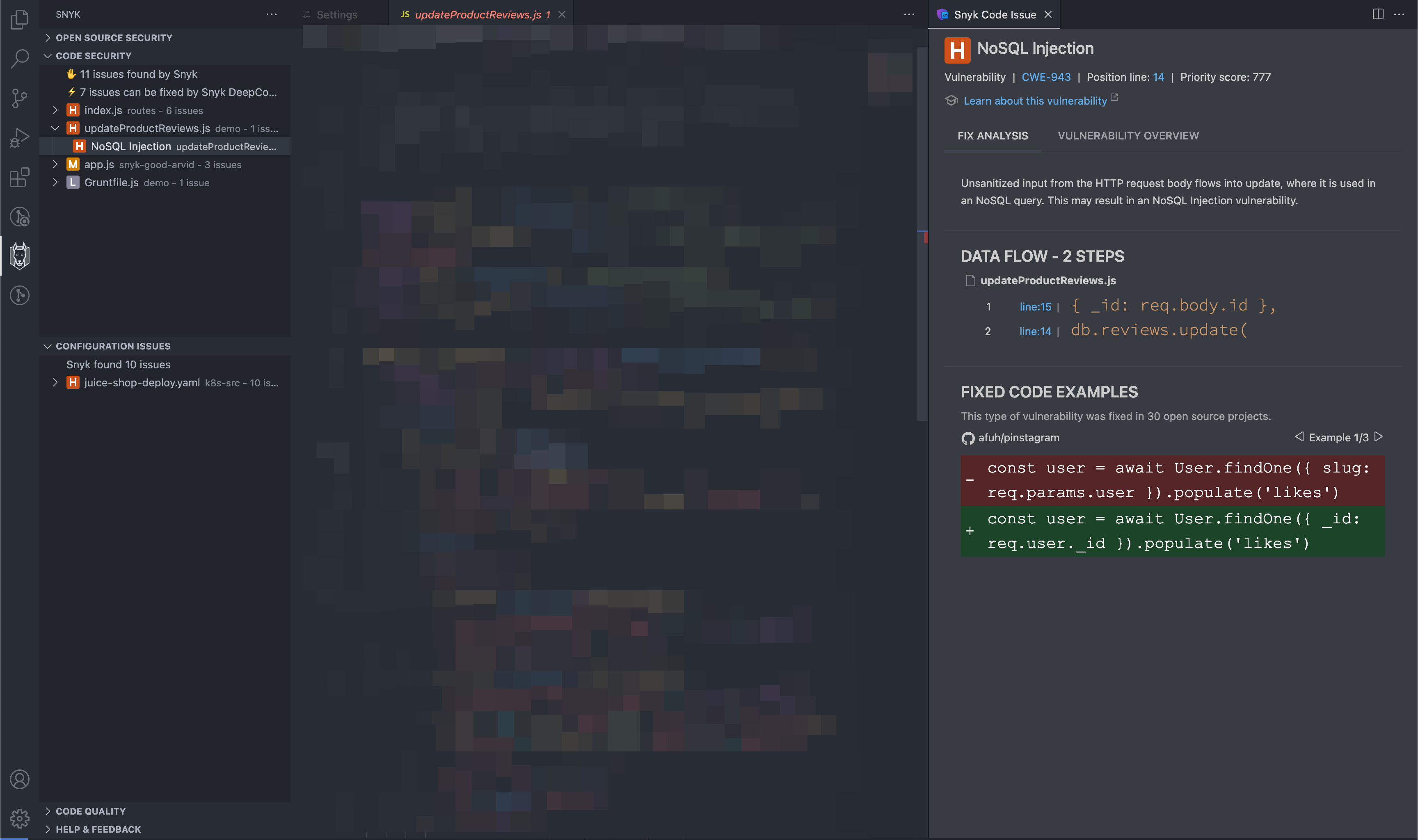 Snyk Security extension with Snyk Code issue