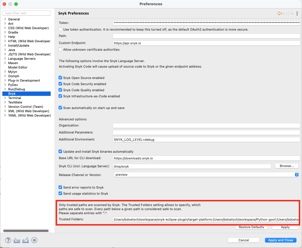 Snyk Eclipse plugin preferences Trusted Folders setting