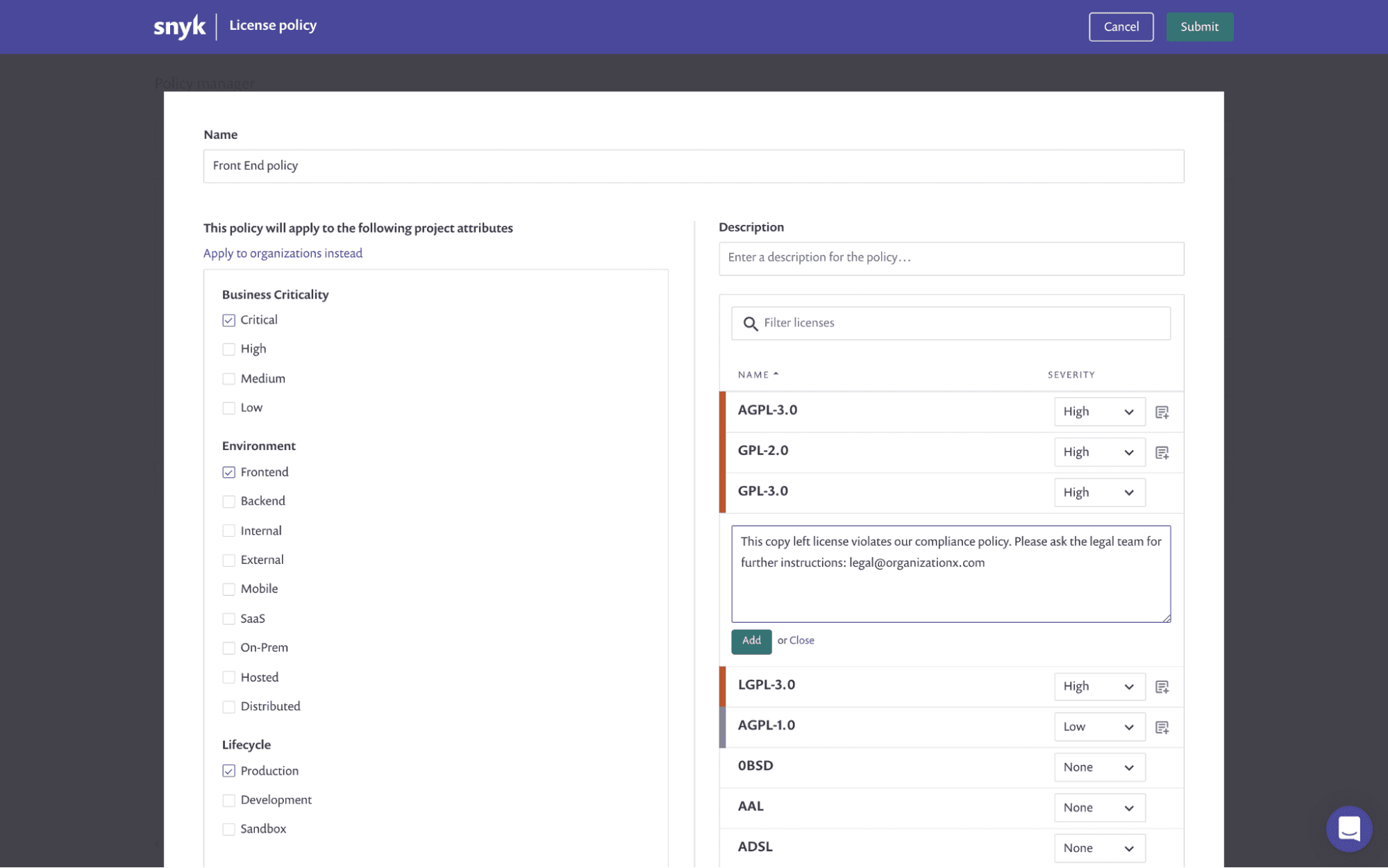 Apply license policy to selected attributes