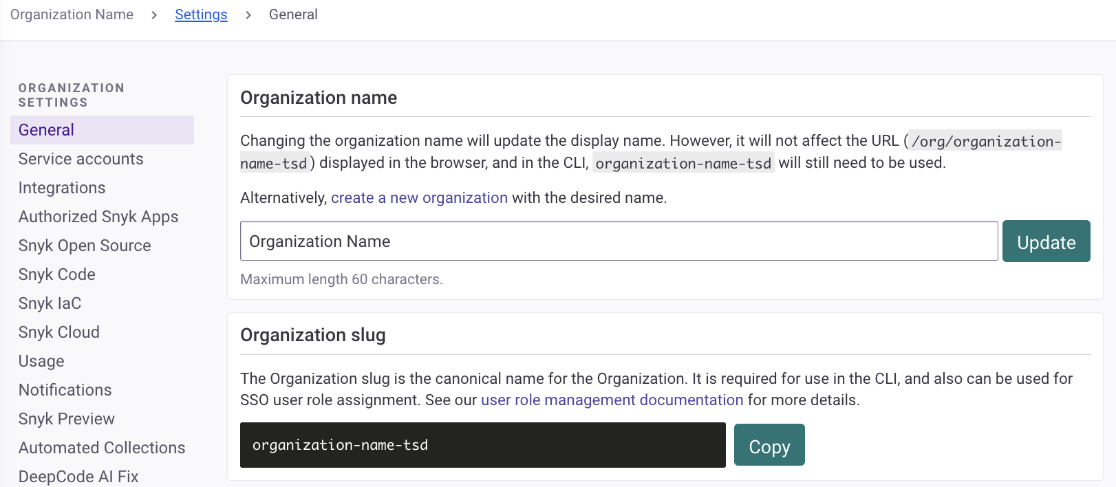 Organization general settings page, showing the Organization slug