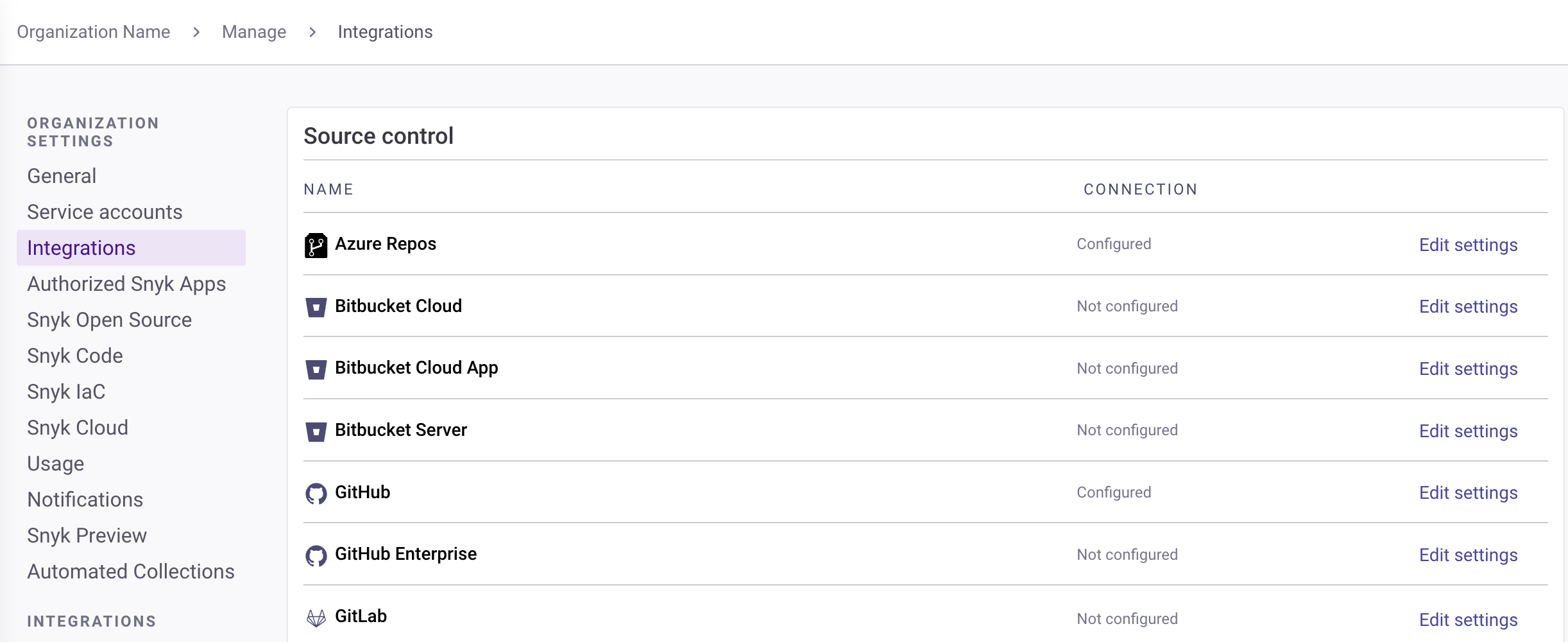 Source control options for Snyk Code