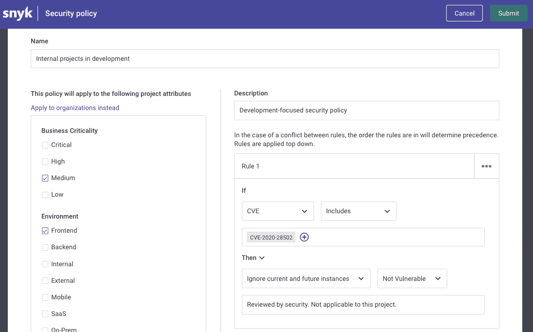 Snyk security policy - specify vulnerabilities to ignore