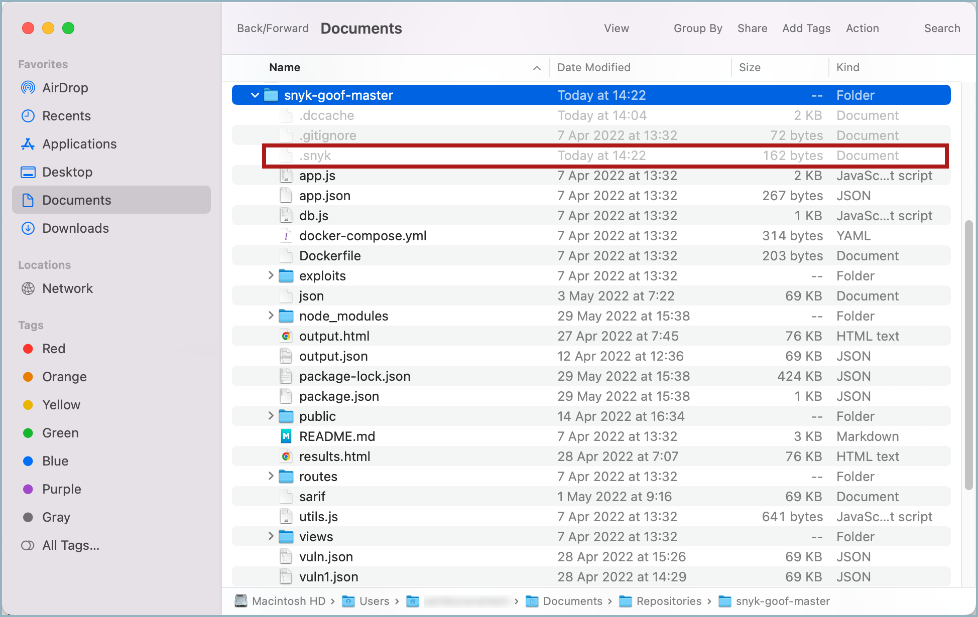 .snyk file listed in the folder