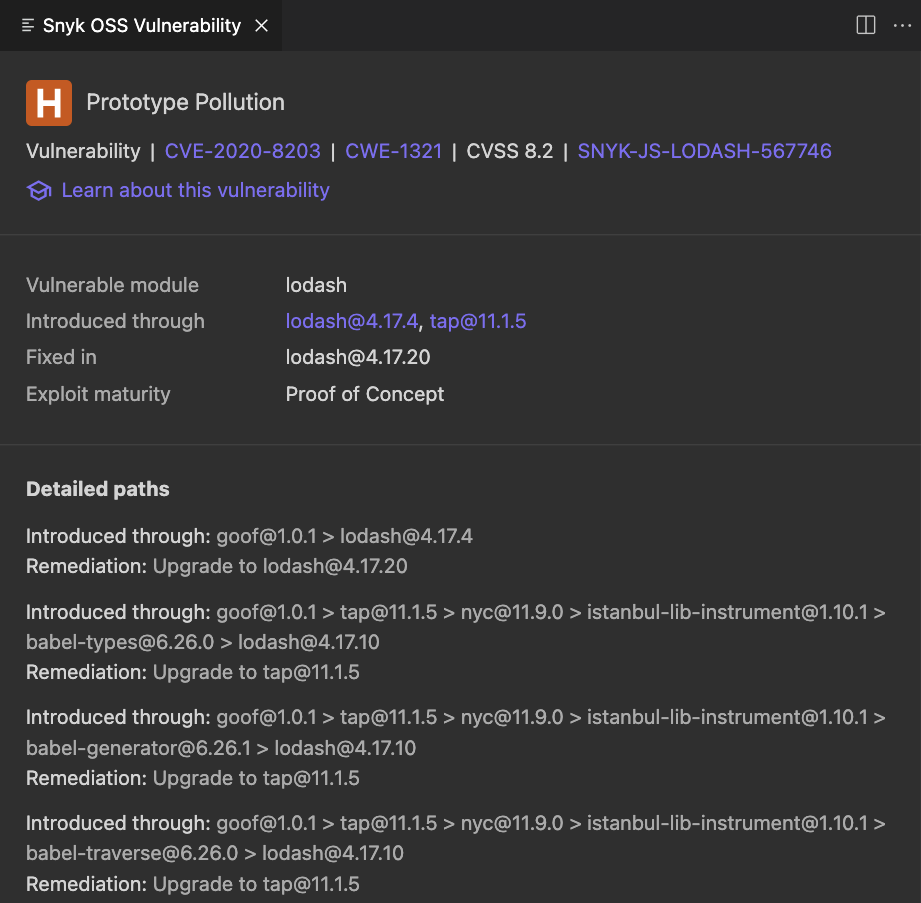 Snyk Open Source vulnerability window