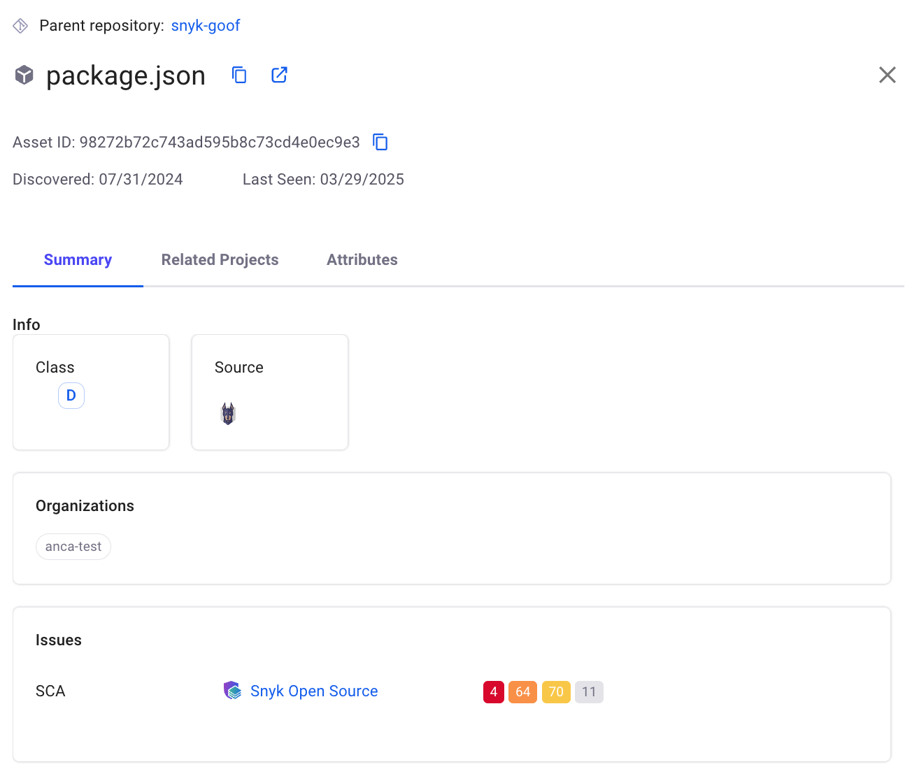 Snyk AppRisk Inventory - Assets Summary view of a children asset
