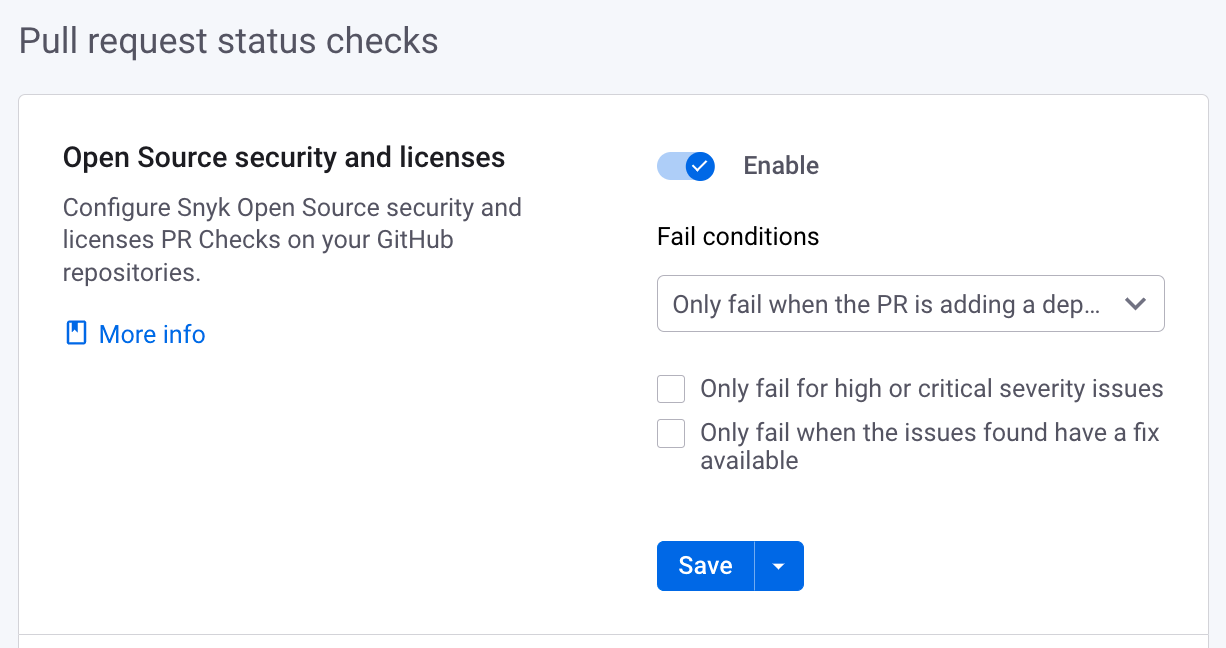 Pull request check settings to analyze open-source and licensing issues.