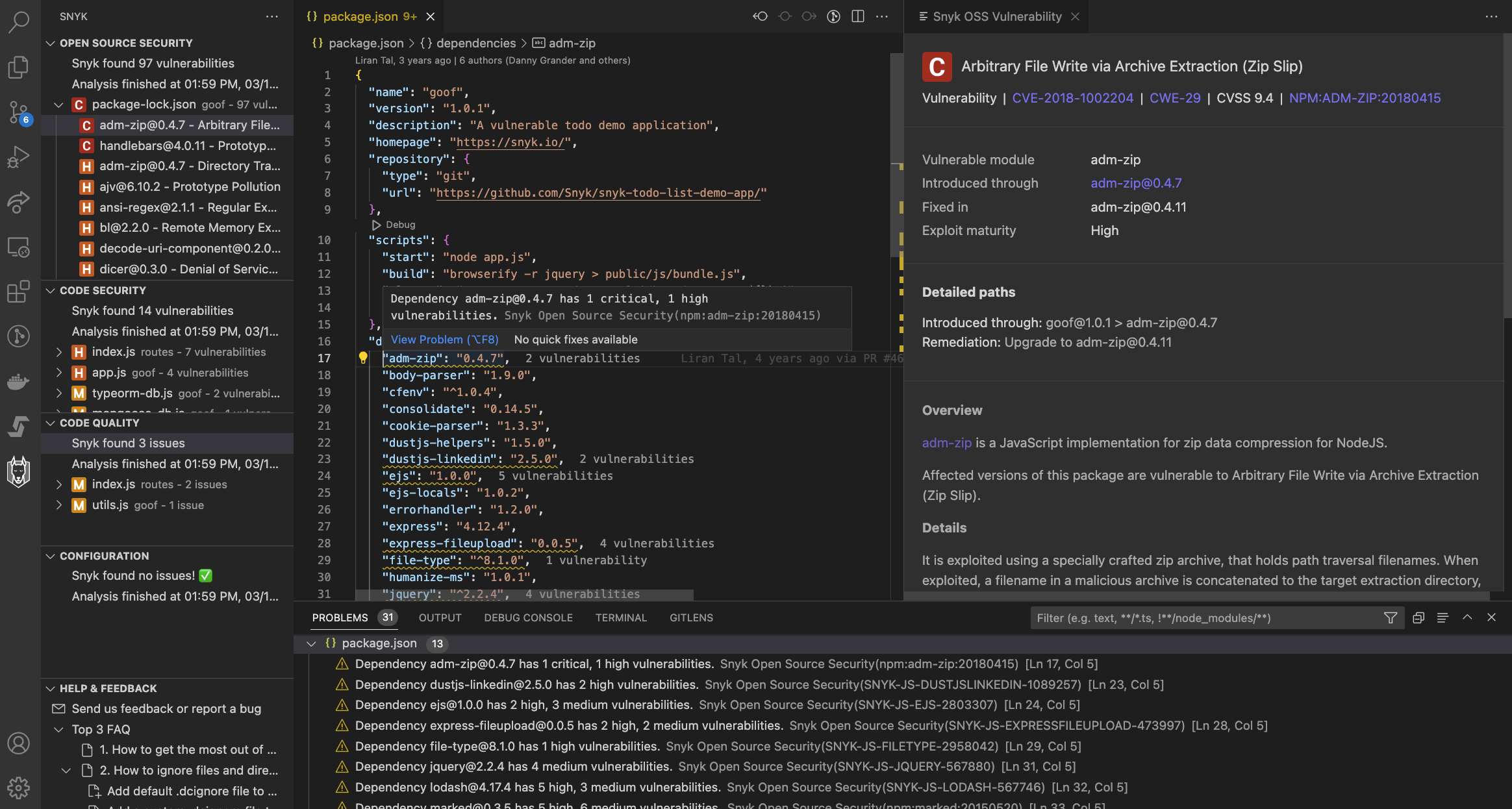 Results screen showing the vulnerability count