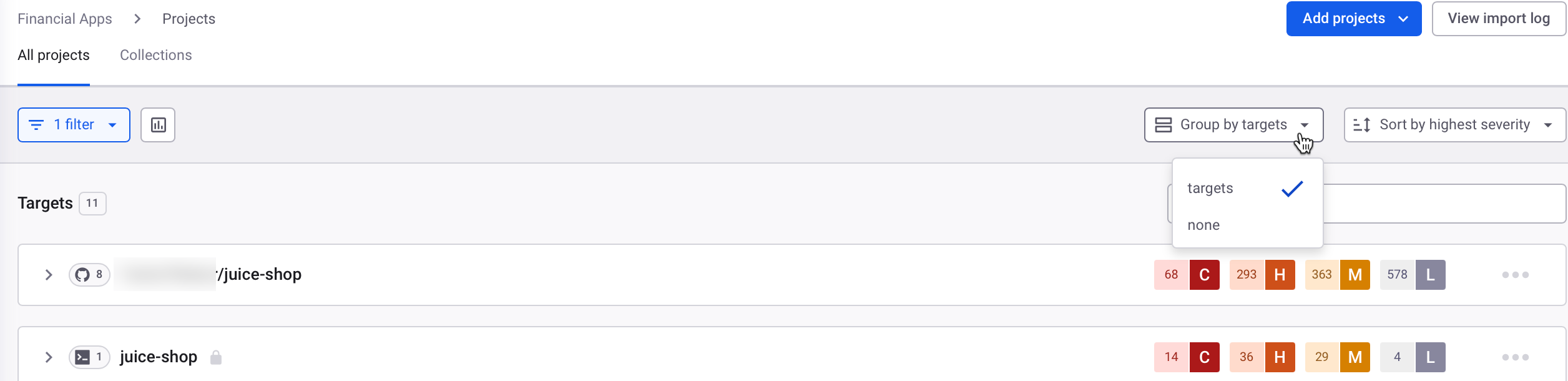 Change the Projects filter to Group by none