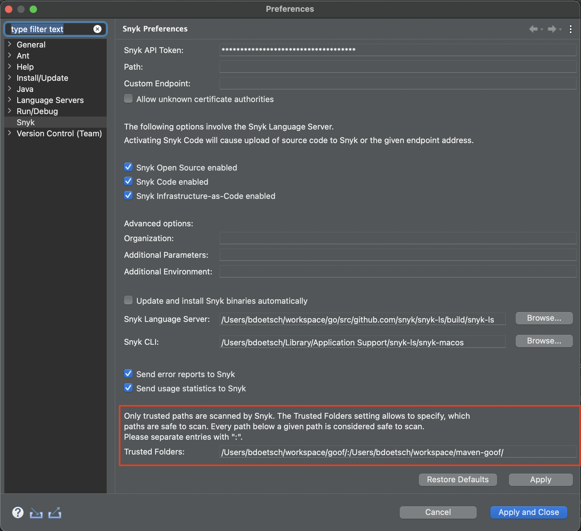 Snyk Eclipse plugin preferences Trusted Folders setting