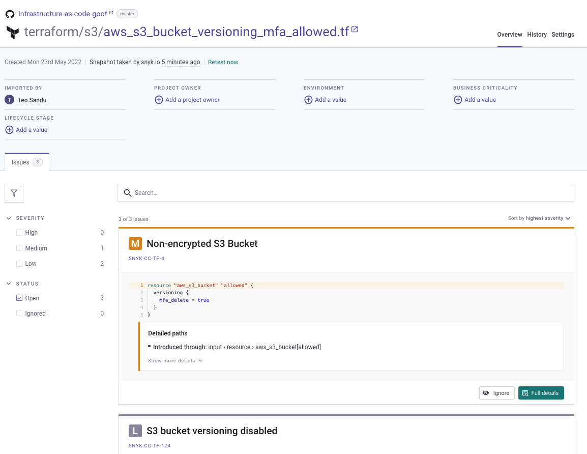 Snyk Project issue card