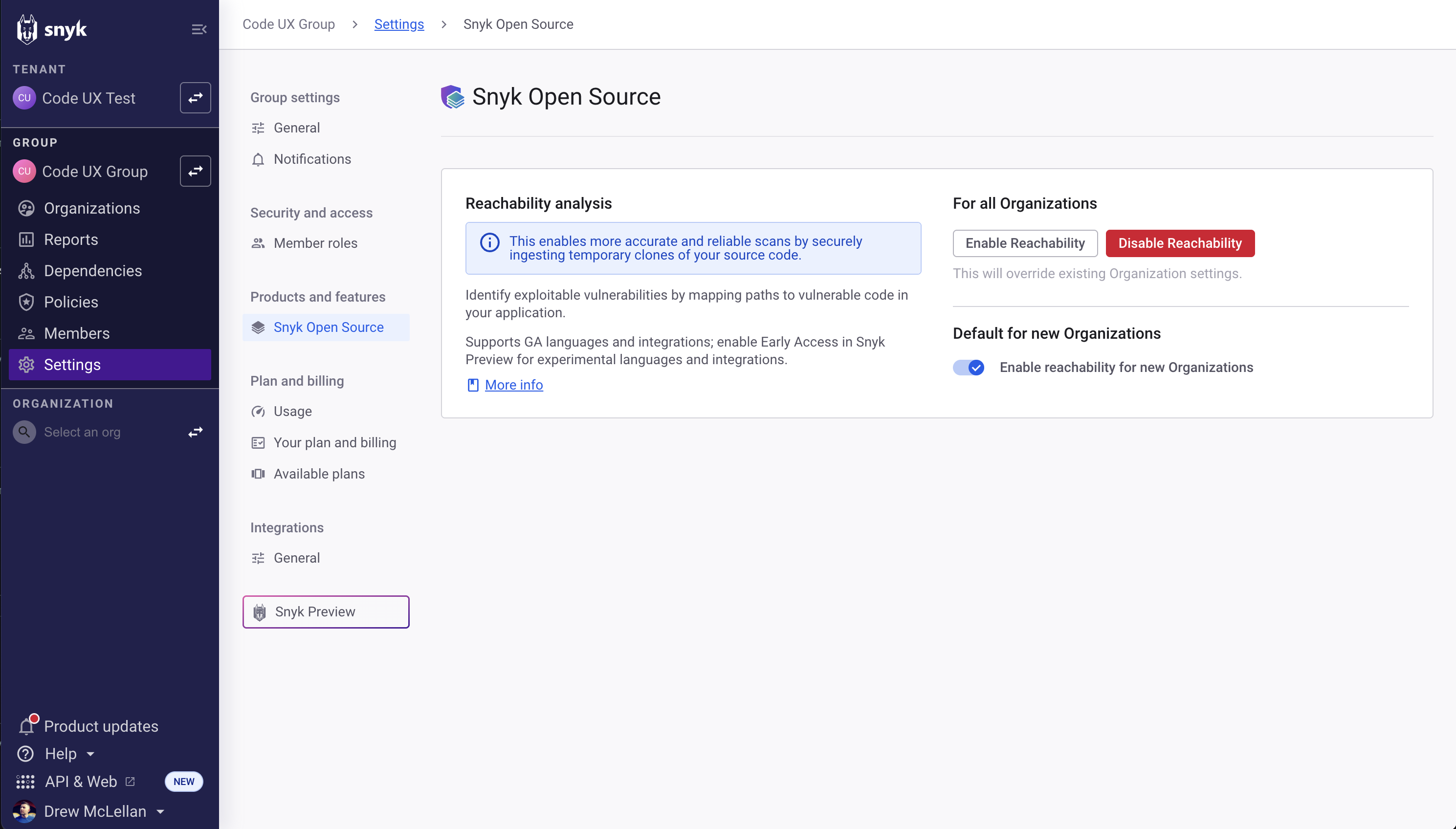 Enable reachability at the Group level