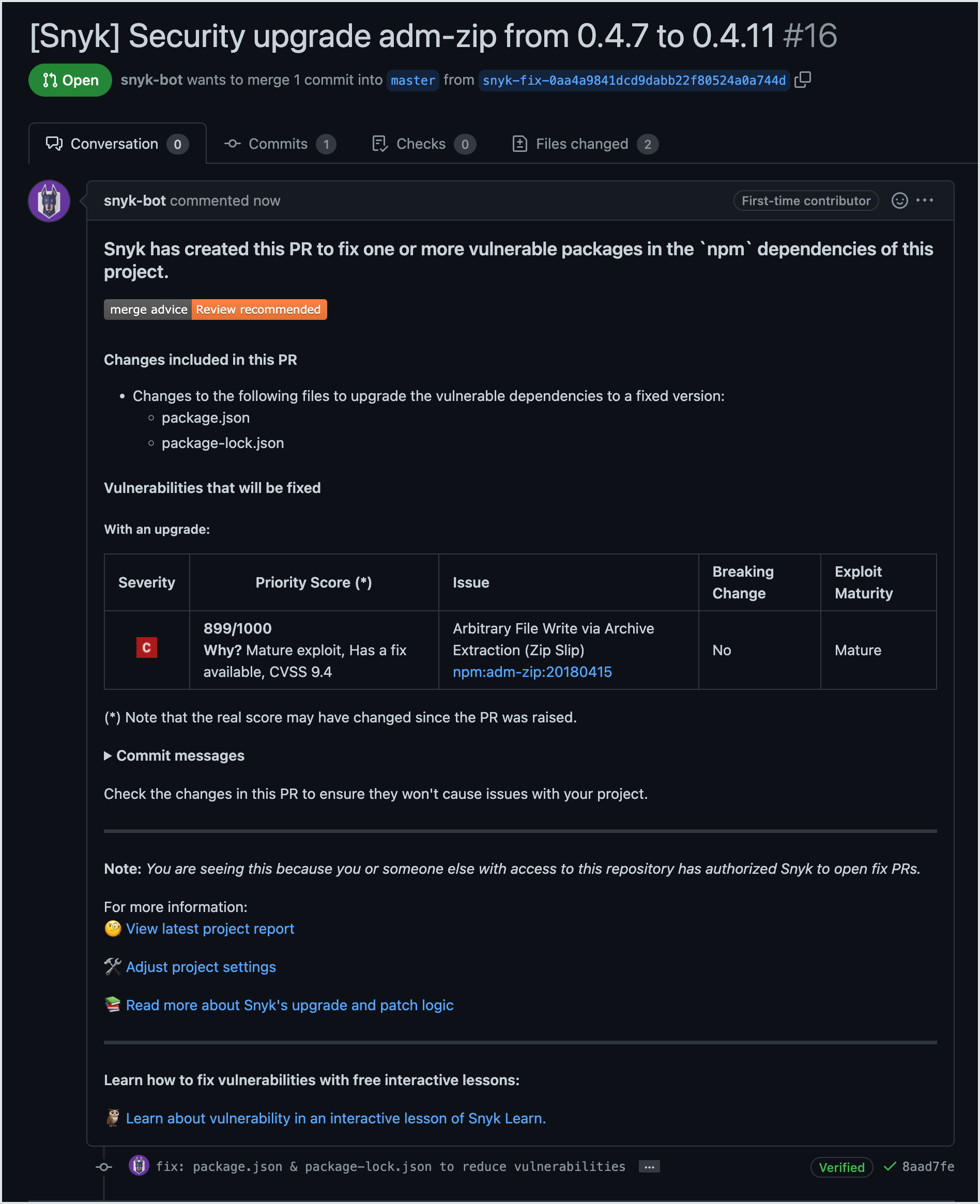 Fix pull request created by Snyk