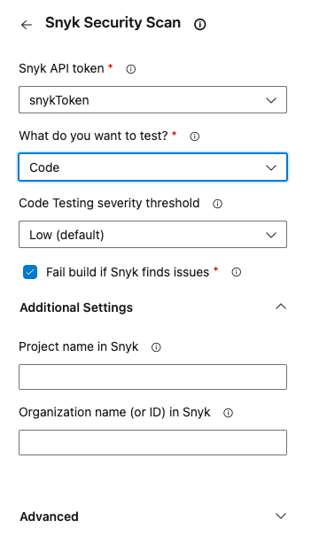 Snyk Security Scan configuration panel