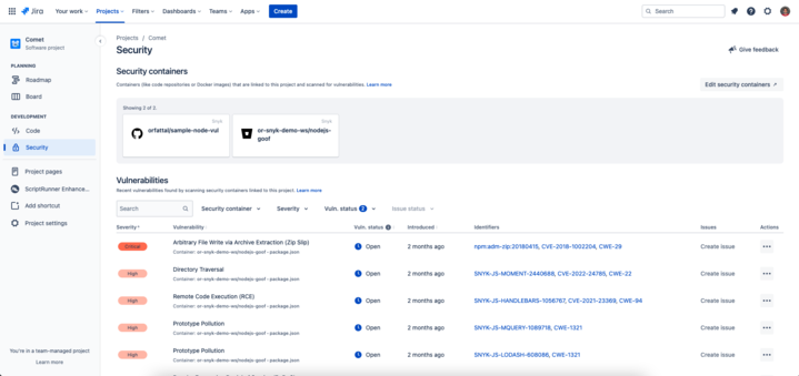 Snyk Security in Jira Cloud tab.