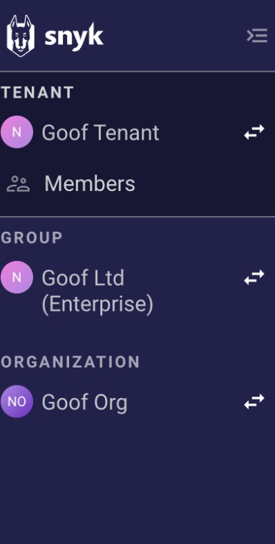 Tenant view in the Snyk navigation menu