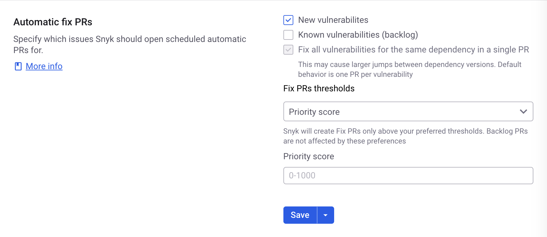 Automatic fix PRs settings for Git integration.