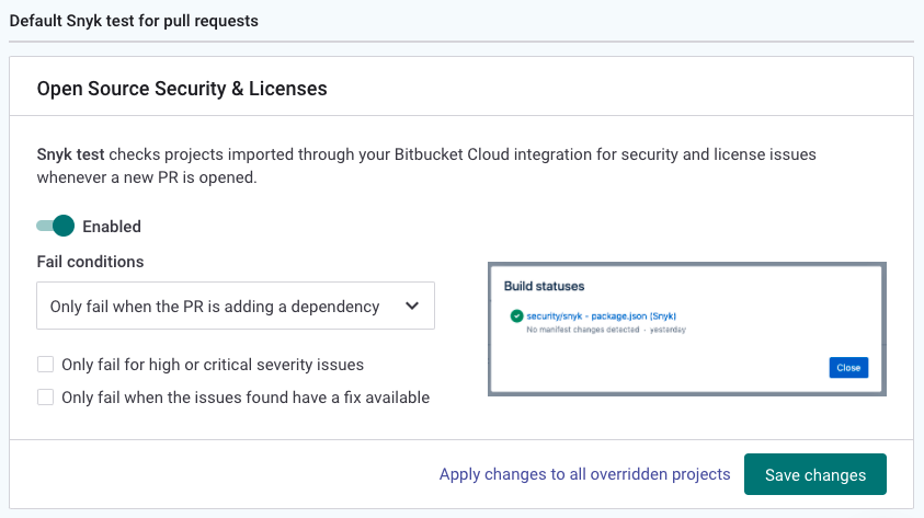 Configuring the options for pull request Open Source Security & Licenses