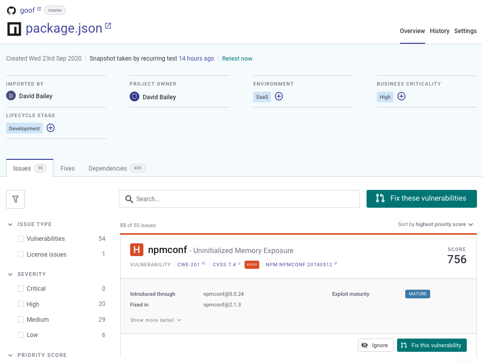 Open source project overview in Snyk Web UI.