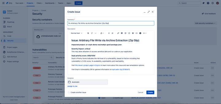Jira issue created from a vulnerability found by Snyk