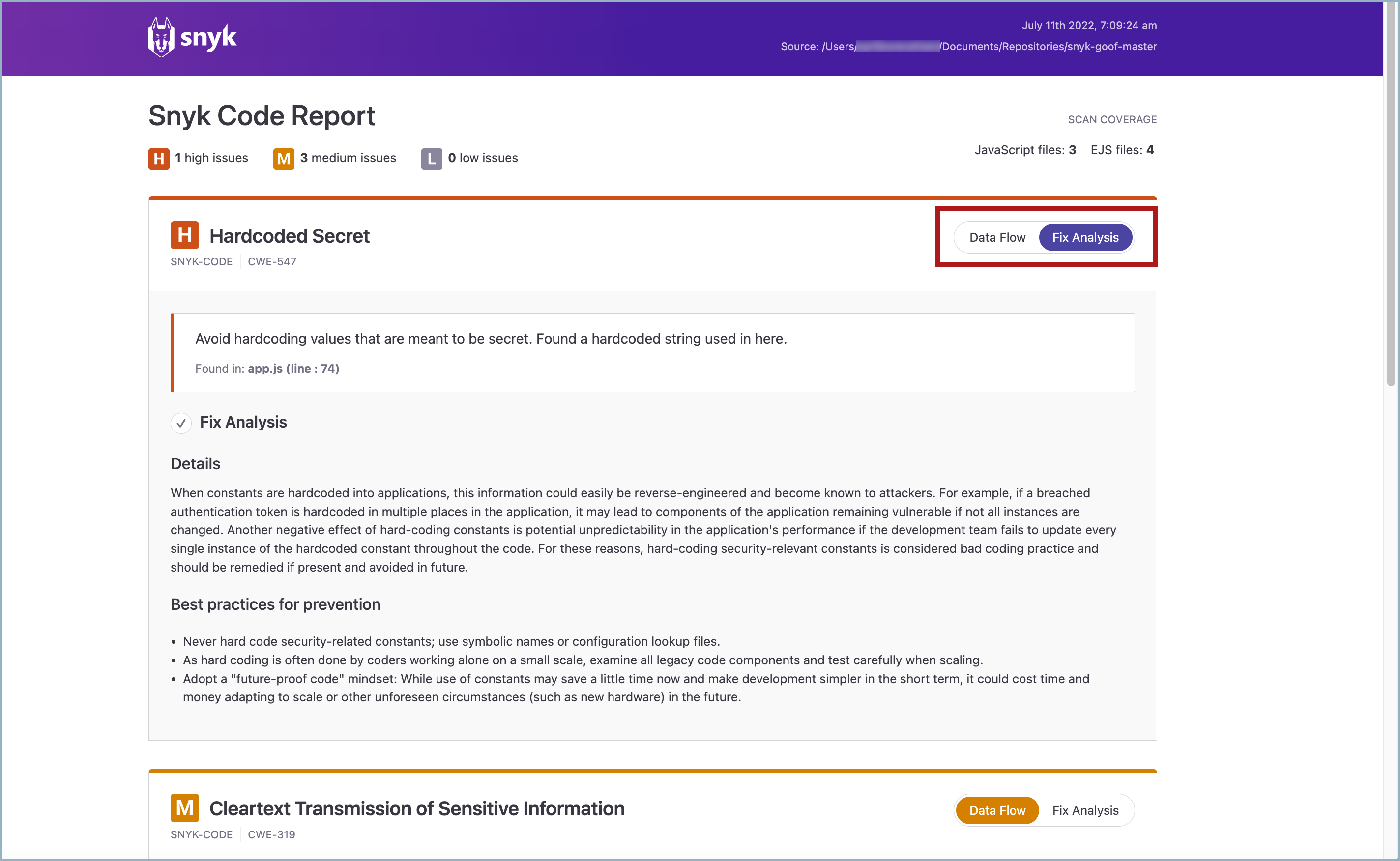 Snyk Code Report highligghting Data Flow and Fix Analysis buttons for an issue