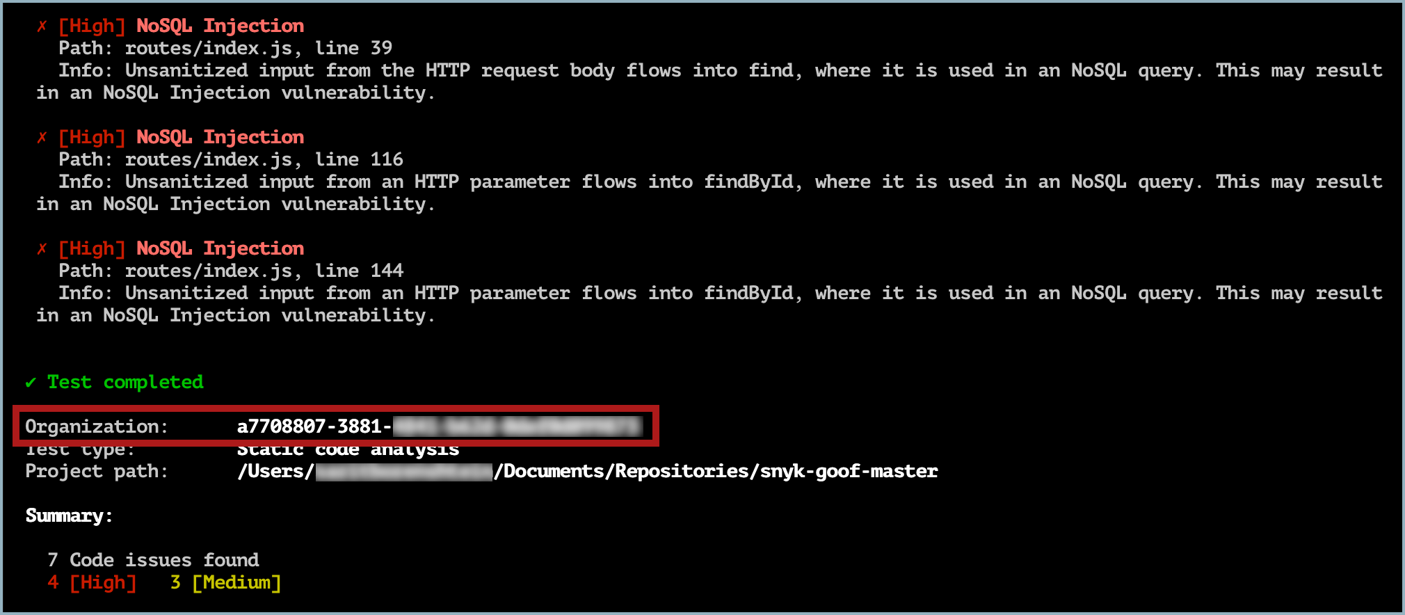 Snyk Demo Org ID in test results