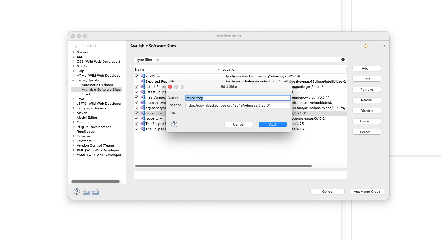 Adding the Eclipse LSP4e update site