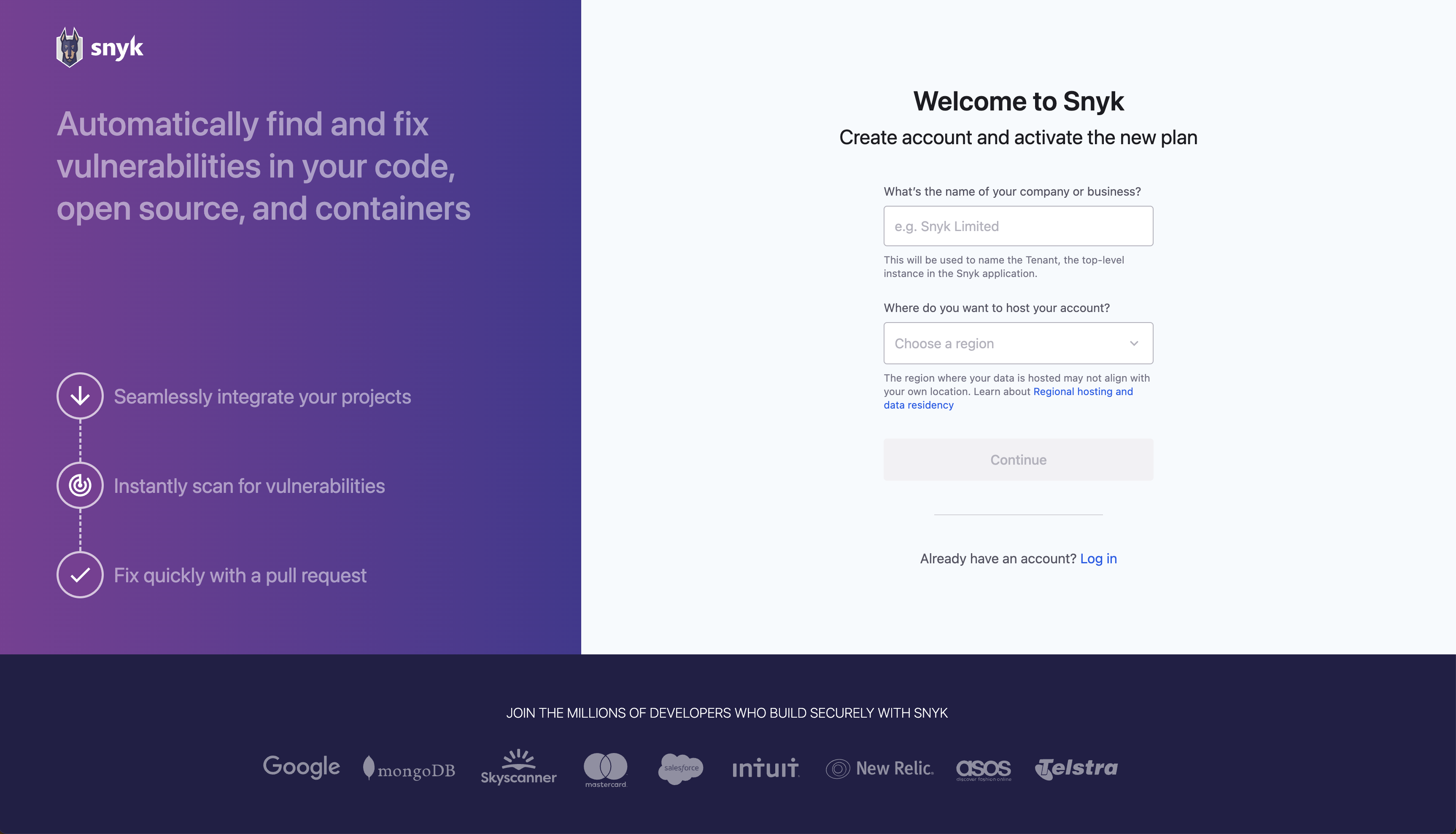 Sign up page on provision.snyk.io