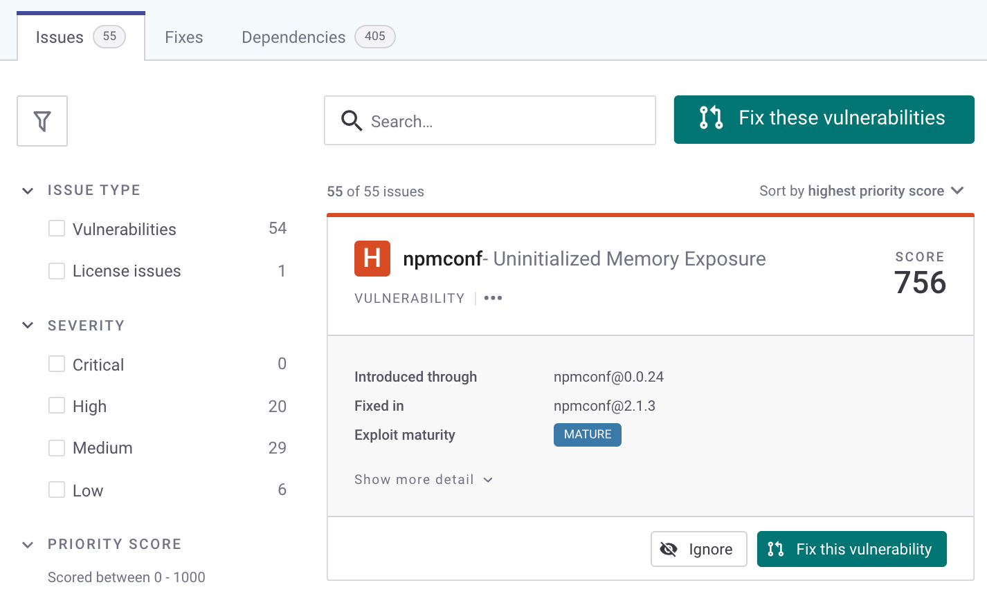 The Issues tab in an open source project in Snyk Web UI.