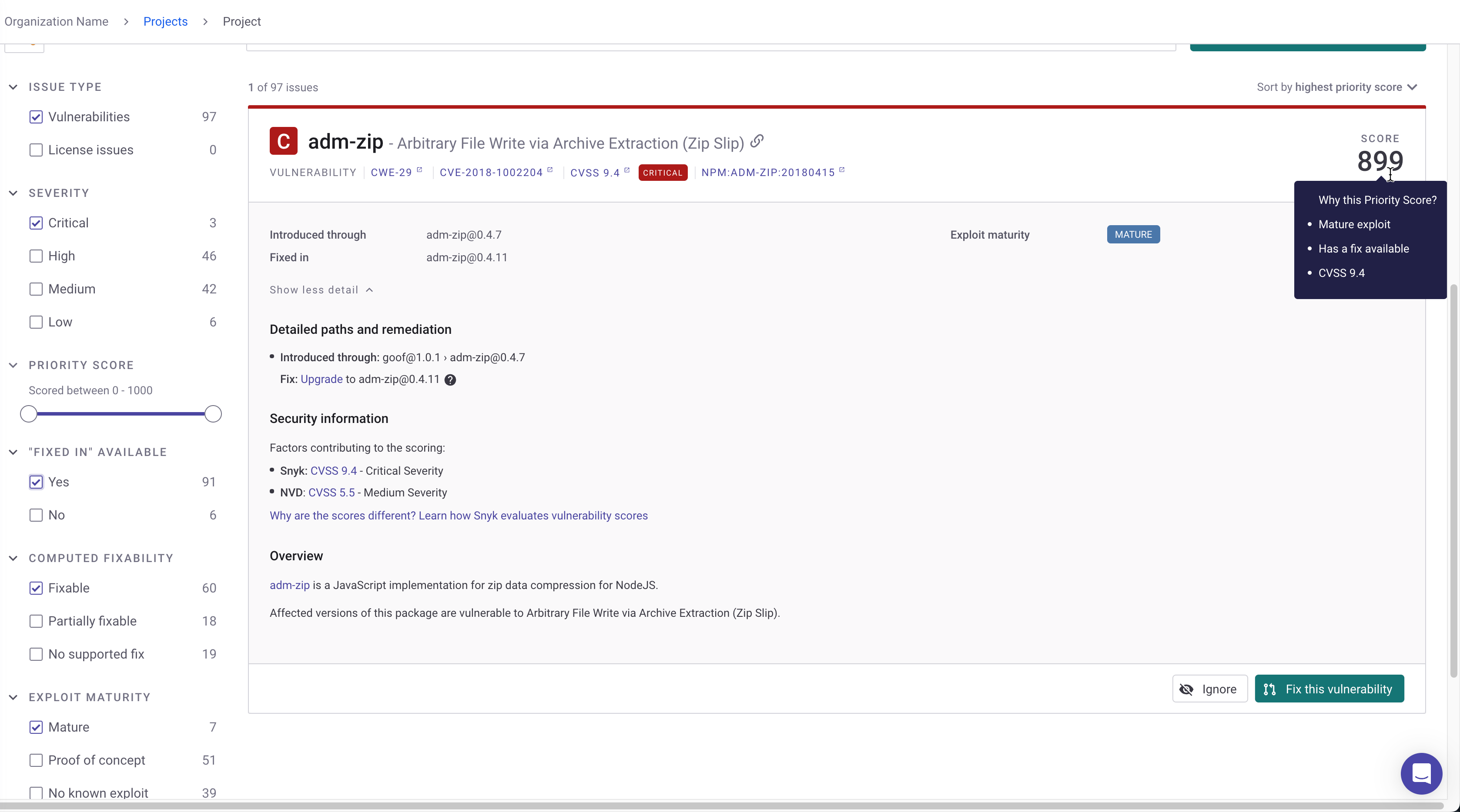 Priority score detailed card