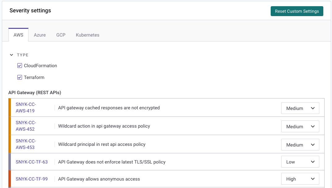 Select Severity settings for IaC scans