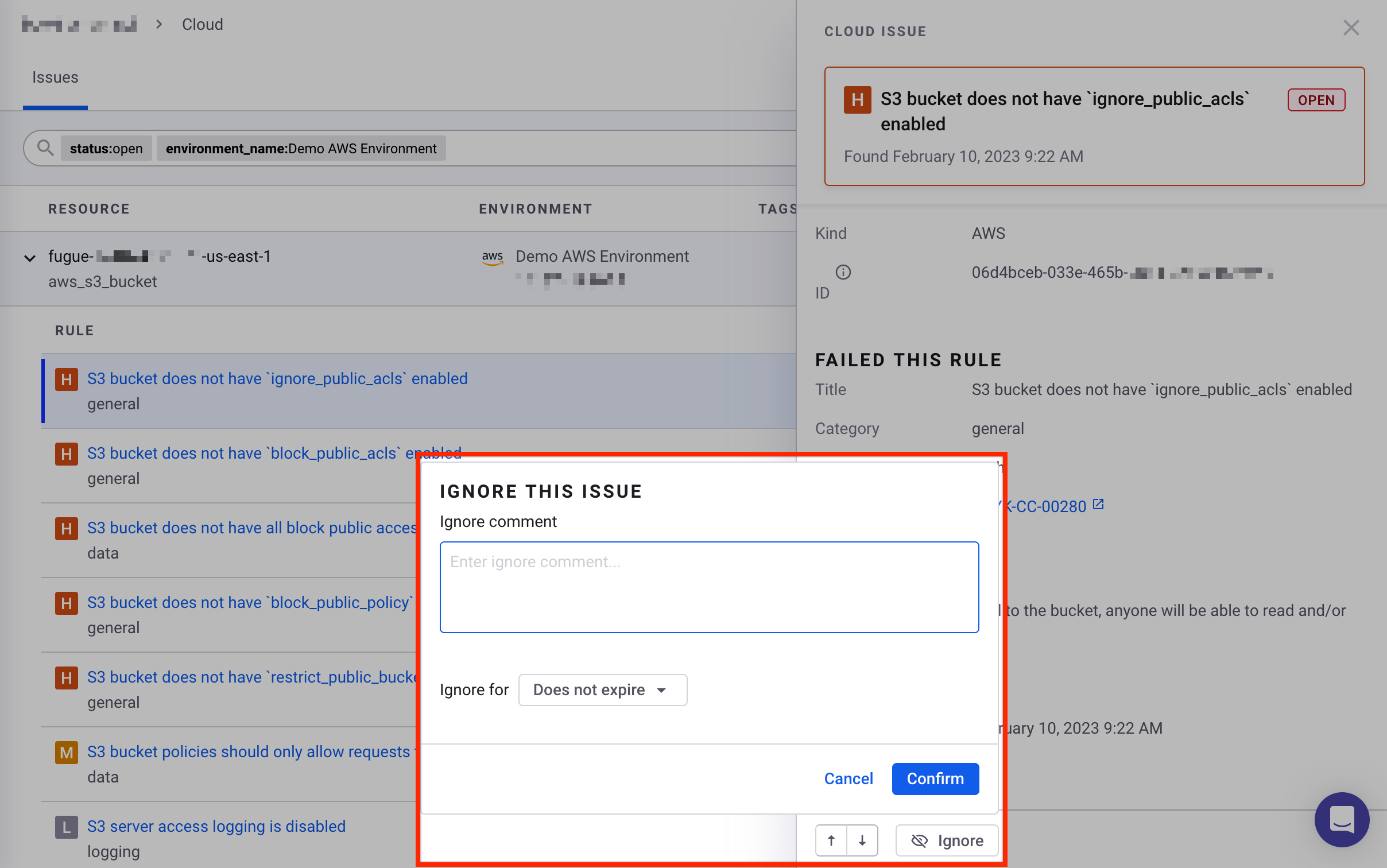 Setting ignore details for a cloud issue in the Snyk Web UI