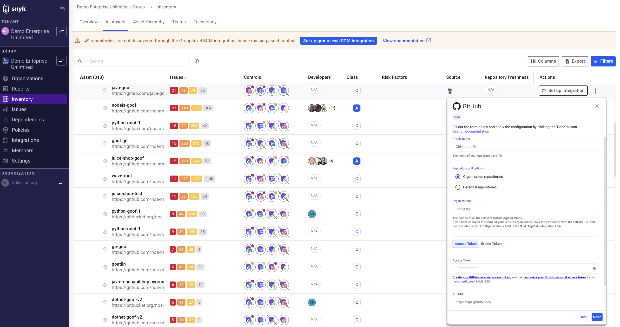 Set up SCM integration at the Organization level from the Actions column