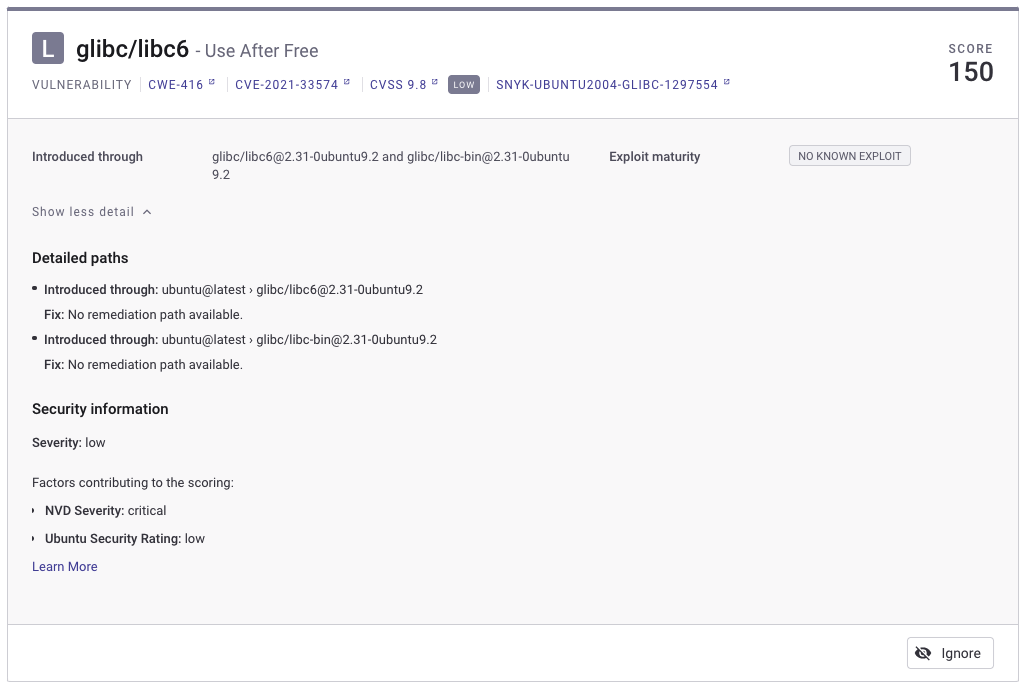 Example for a vulnerability rated by Ubuntu as Low, and rated by NVD as Critical