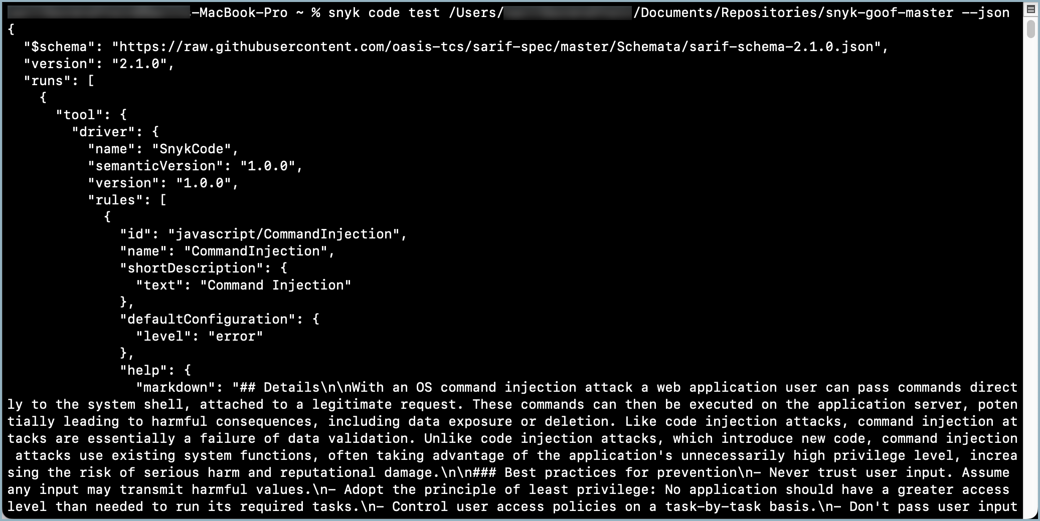 snyk code test results in JSON format