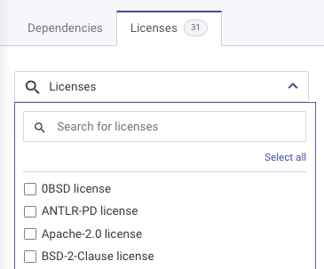 Licenses tab actions