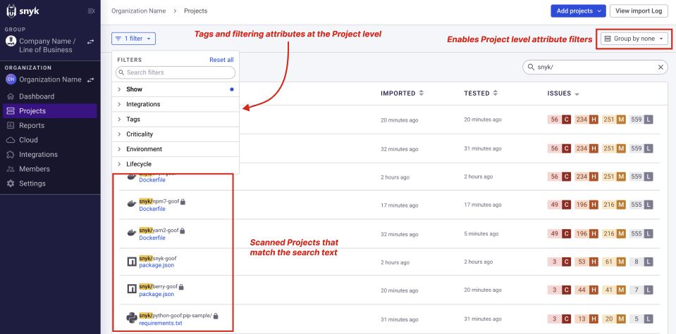 Project level filtering attributes