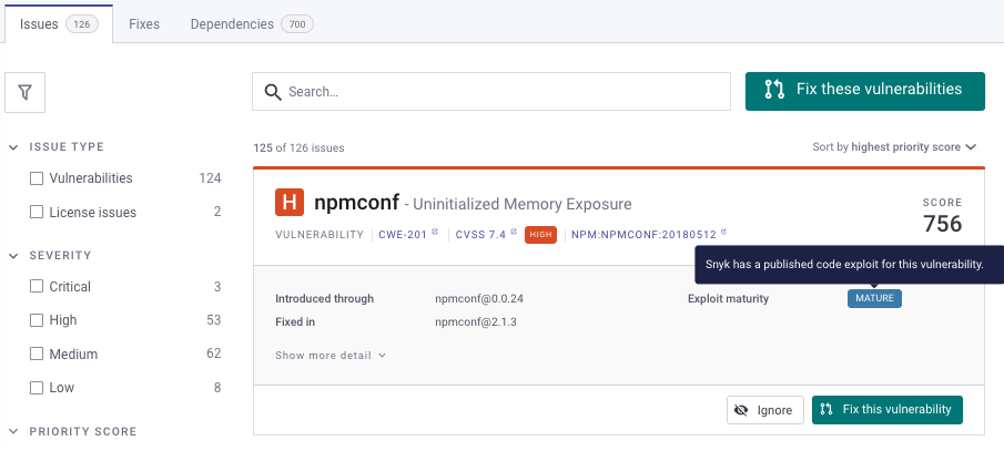 View exploit information in Projects