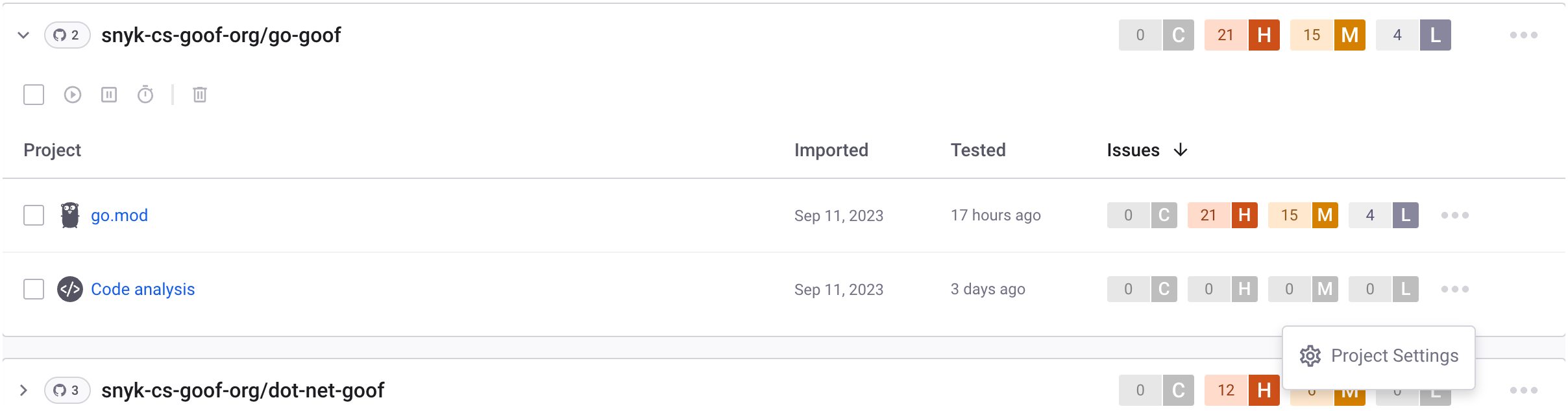 Click the Project Settings button for Code analysis Project