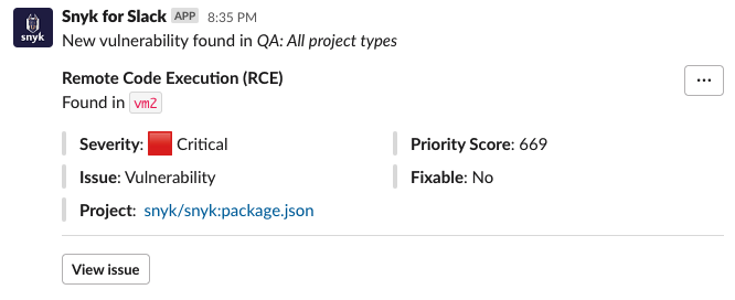 Example of a new critical vulnerability notification received in Slack