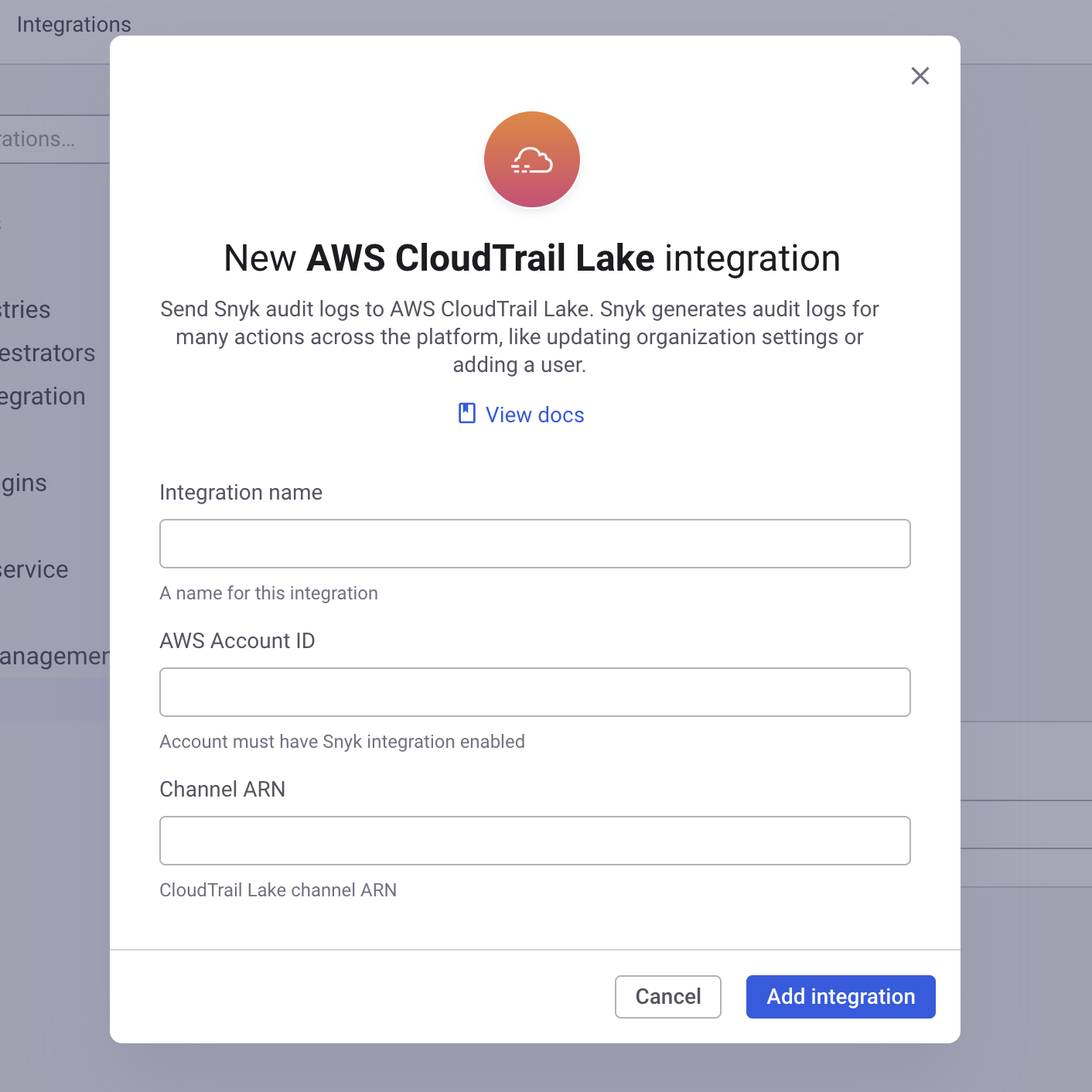 Integration name, AWS Account ID, Channel ARN
