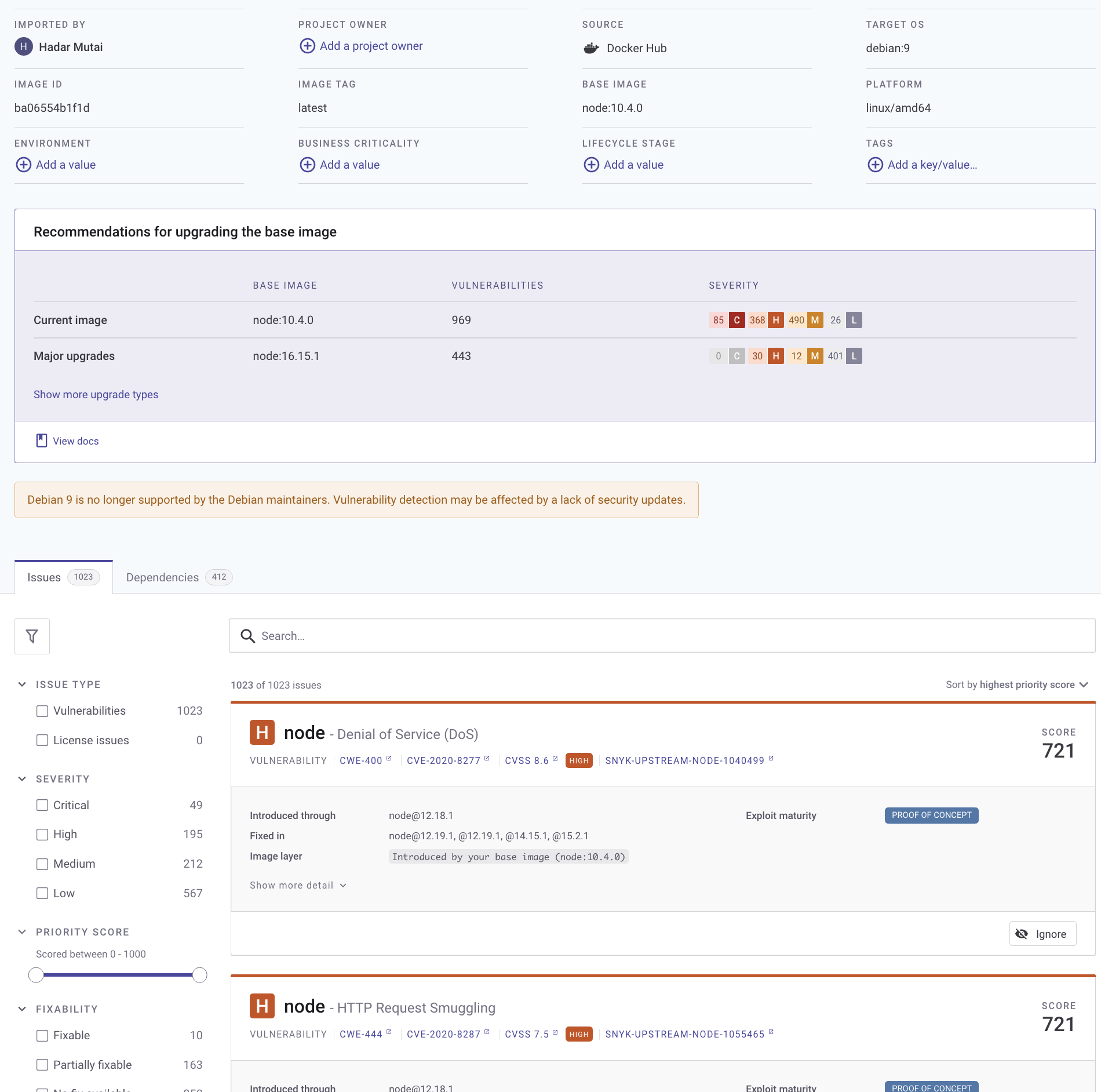 Project page displaying analysis and fix advice for a container Project