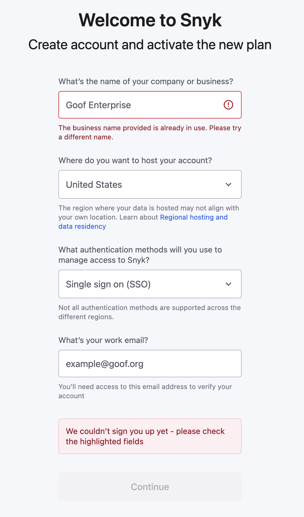 Business name already in use error