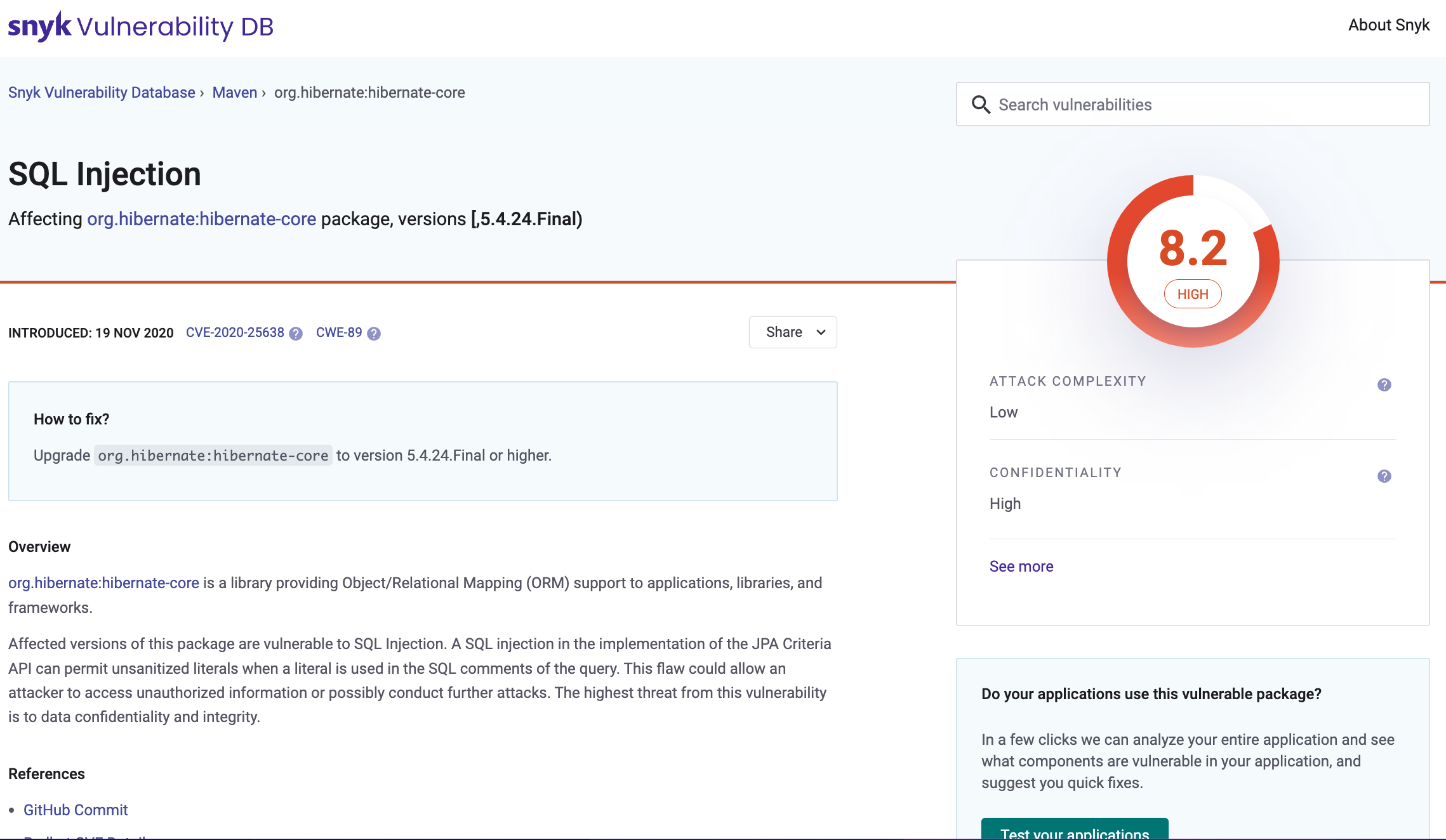 Snyk Vulnerability Database example entry